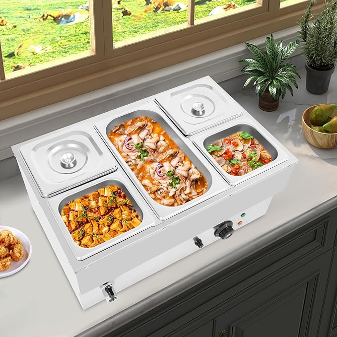 Commercial Food Warmer Stainless Steel Bain Marie Buffet Food Warmer Steam Table Electric Countertop Steam Table Container with 86-185°F Temp Control for Catering Restaurants (5 Pans)