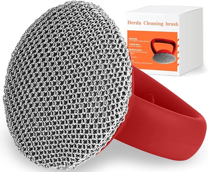 Cast Iron Cleaner Scrubber with Heavy Duty Handle, 3mm Welded Chain Mail Scrubber for Pan Pot Grill- Small Ring Chainmail Grill Scrubber Metal Scrub Sponge Skillet, Oven, Griddle, Wok Cleaning Brush