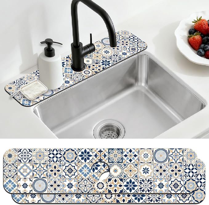 2 Pcs Kitchen Sink Splash Guard Faucet Mat Blue-toned Tile Faucet Mat by CONCHLERY%E6%97%97%E8%88%B0%E5%BA%97