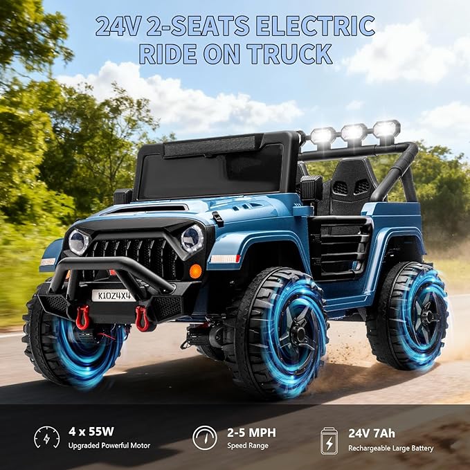 Kids 24V 2-Seater Electric Ride On Car, 4x4 Ride On Truck w/Remote Control, 4-Wheeler Suspension, 3 Speeds, Led Lights, Bluetooth, Ride on Car Toy for Kids Ages 3-8, Lake Blue