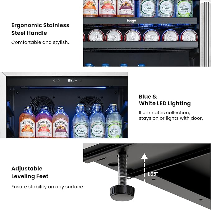 Yeego Beverage Refrigerator 24 inch - 238 Cans Capacity Beverage Cooler, Upgraded Beverage Fridge Freestanding or Built-In, Drink Cooler for Soda, Water, Beer or Wine - For Kitchen, Bar or Office