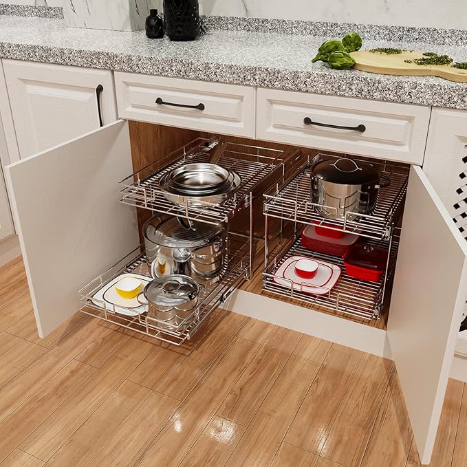 ROOMTEC Individual Pull Out Cabinet Organizer (15½" W x 21½" D), 2 Tier Spice Rack Organizer for Cabinet, Slide Out Drawer Pantry Shelf Organization and Storage for Kitchen Bathroom
