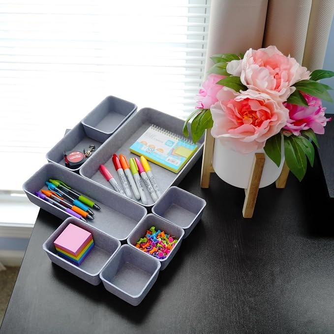 Minimalist 8pc Felt Desk Drawer Organizer Glacier Gray Bins - Image 3