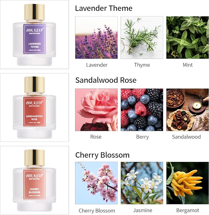 Reed Diffuser Set of 3, Lavender Thyme Sandalwood Rose Cherry Blossom Oil Reed - Image 2
