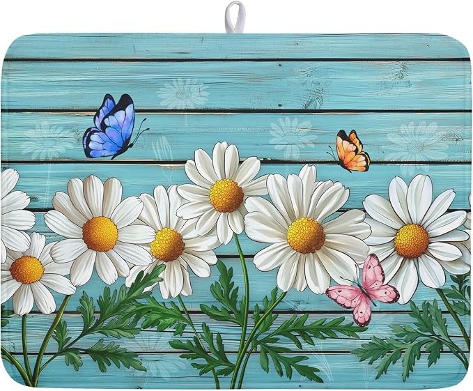 Daisy Dish Drying Mat for Kitchen Counter 18”x24” Rustic Daisy Absorbent Dish by Kawani