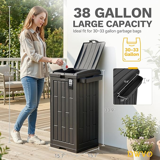 DWVO 38 Gallon Outdoor Trash Can, Resin Garbage Bin with Lid, Includes 2 Sorting Labels, Ash Holder, Stakes & Suction Cups, Hideaway Storage for Patio Backyard Garden, Black