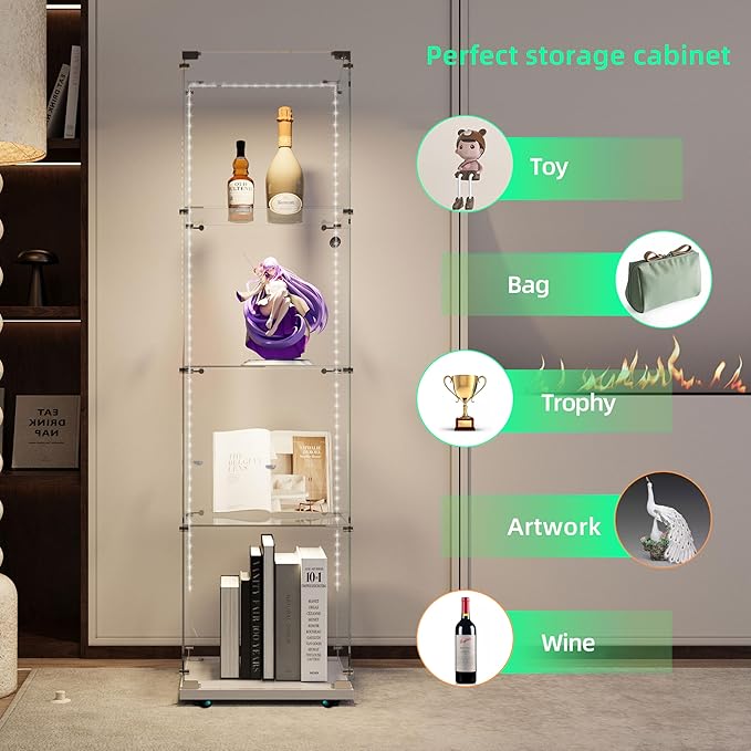 Yoluckea 4 Tiers Glass Display Cabinet with Bluetooth LED Light Strip, 1 Door Floor Standing Curio Cabinet with Universal Wheel for Home Office Display, White Glass Bookshelf for Collections,Clear Top