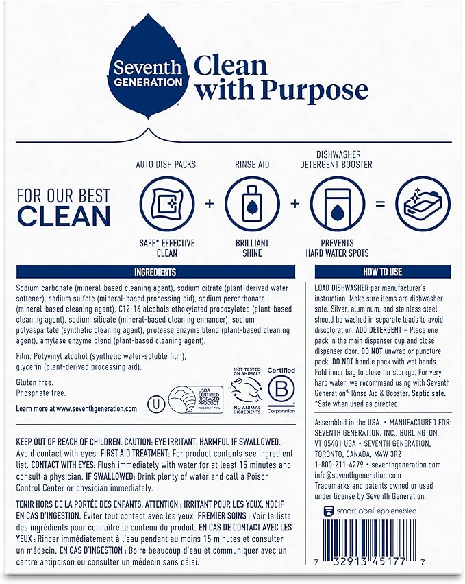 Seventh Generation Dishwasher Detergent Packs Free & Clear Pack of 2 for sparkling dishes Dishwasher tabs 45 count