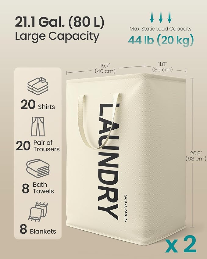 SONGMICS Laundry Hamper, 80L Foldable Basket, 2 Pack, Water-Repellent - Image 3