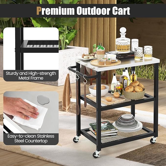 Giantex Outdoor Grill Cart - Movable Pizza Oven Stand with Stainless Steel Top, 2 Storage Shelves, 9 Hooks, Food Prep Cooking Table with Lockable Wheels, Dinning Serving Cart for Kitchen BBQ Party