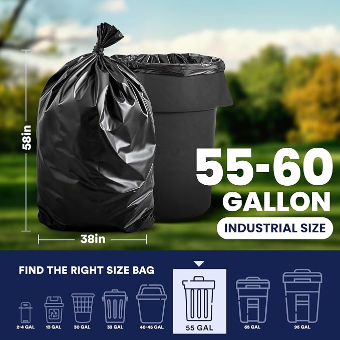Plasticplace 55-60 Gallon Trash Bags │ 1.0 Mil │ Black Heavy Duty Garbage Can - Image 3