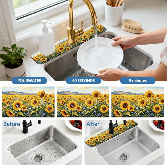 2 Pcs Kitchen Sink Splash Guard Faucet Mat Oil Painting of Sunflowers Pattern - Image 5