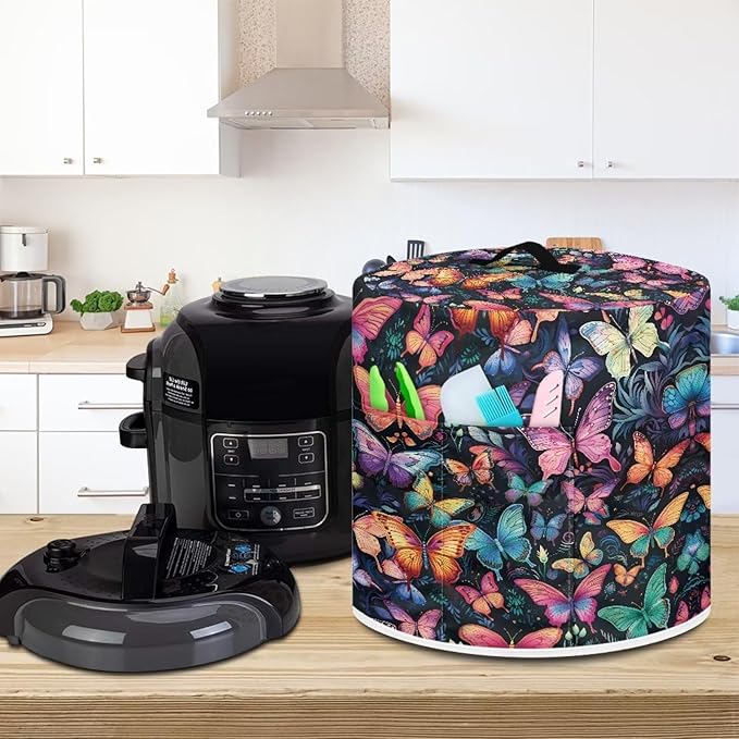 Insulated Pressure Cooker Appliance Cover, Also Fit for Rice Cooker, Air Fryer and Crock Pot, 3 Quart Dust Cover with Pocket for Spoon/Cooking Utensils/Recipes, Washable, Butterfly Various