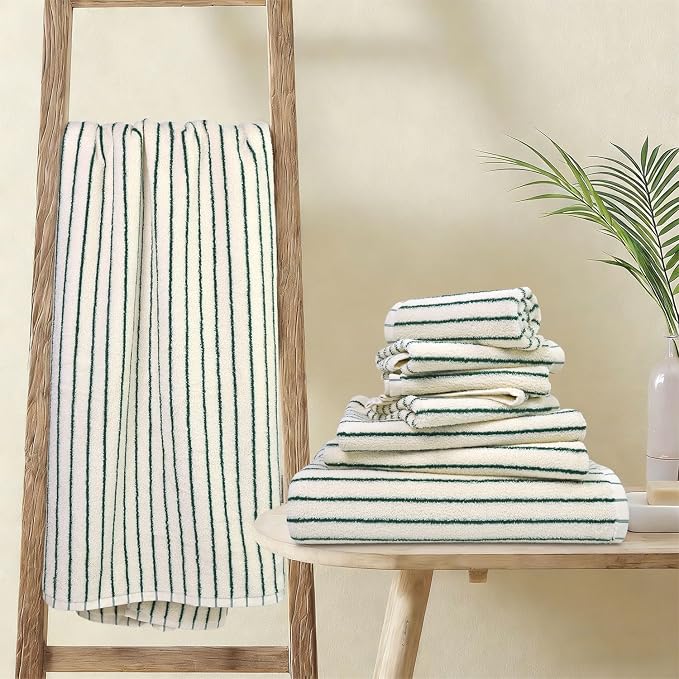 8 Piece Green Towel Set, Super Soft & Absorbent Cotton Striped Towels | - Image 9