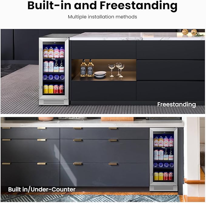 Yeego 15 inch Built-In Beverage Refrigerator (2 Pack) – Compact Drink Cooler with Glass Door, Auto Defrost Mini Wine & Beer Fridge for Cans and Bottles, Under Counter & Freestanding