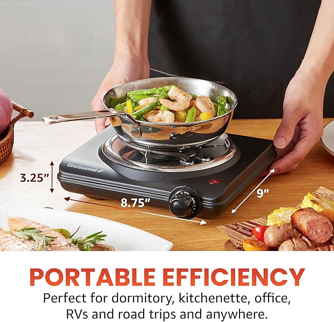 Elite Gourmet ESB100B Countertop Single Coiled Burner Electric Hot Plate, Temperature Control, Indicator Light, Easy to Clean, Black