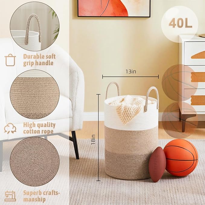 Artfeel Laundry Basket, Woven Cotton Rope Laundry Hamper, 40L - Image 6