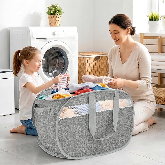 100L Collapsible Laundry Baskets, Foldable Dual Handles Laundry Hamper Grey | - Image 2