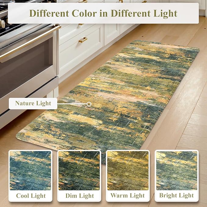 Collive Anti Fatigue Kitchen Rugs Sets of 2, Abstract Non Slip Waterproof Kitchen Mat Modern Runner Rug, Ergonomic Comfort Desk Rugs for Floor, 17"x59"+17"x29" Green/Yellow