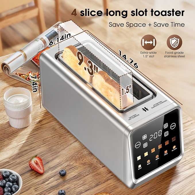 Toaster 4 Slice Long Slot with Digital Touchscreen & 1-Touch Memory for Family | Stainless Steel for Bagels & Artisan Bread | Defrost Reheat & Single-Slice Modes