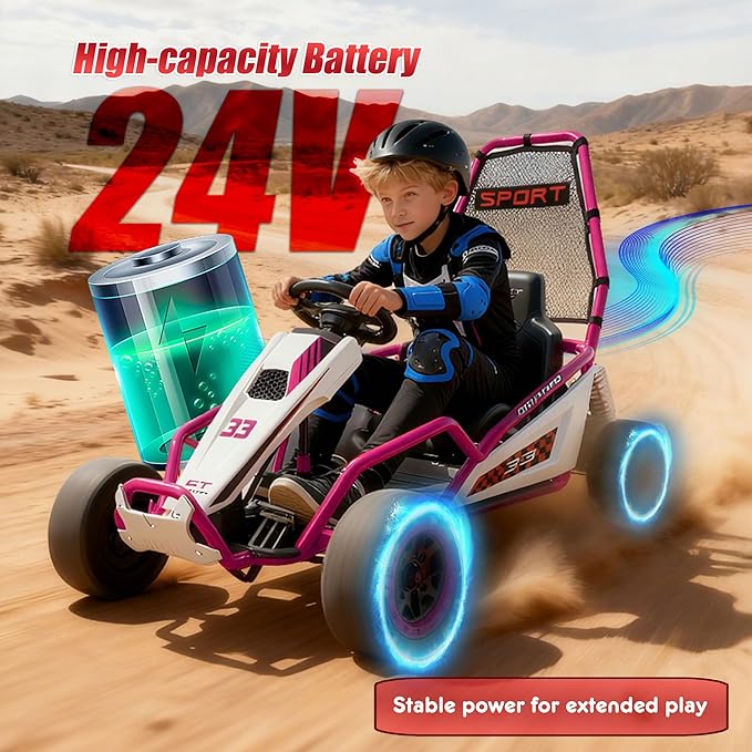 24V 8.5 MPH Electric Go Kart for Kids, 400W Powerful Drift Kart w/Front EVA Wheel & Metal Frame, Ride on Toy w/Music & Lights, Suspension, 2 Speed, 5 Point Harness, Crazy Cart for Ages 6+, Pink