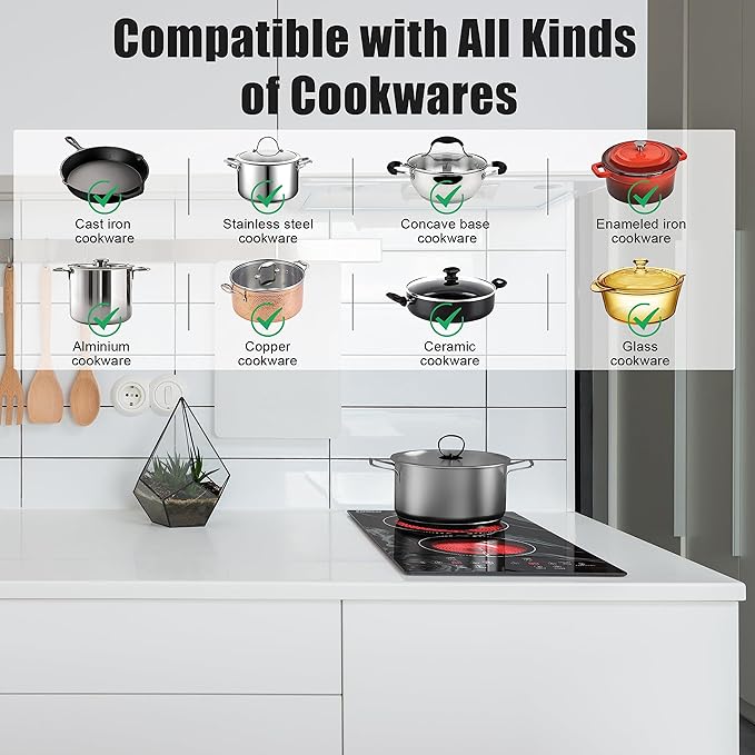 Karinear Portable Electric Cooktop 2 Burners, 110v Plug in Electric Stove Top, Countertop Use or Built-in Install, 12'' Ceramic Cooktop with Beautiful Wave Patterned