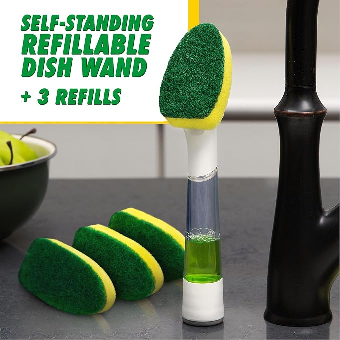 Libman Dishmatic I-Stand Dish Wand Kit, Scrub Brush, 3 Sponge Refills - Image 2