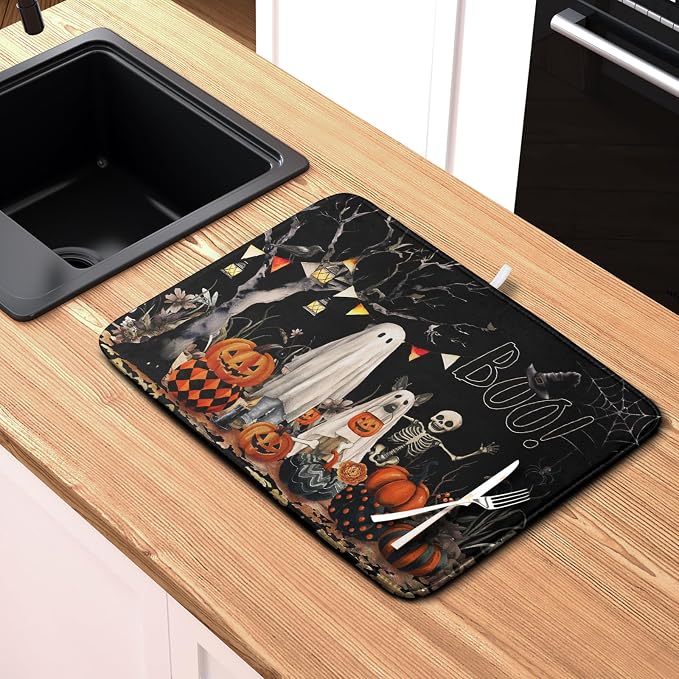 Halloween Dish Drying Mat for Kitchen Counter 16x18 Inch Black Ghost Pumpkins - Image 6
