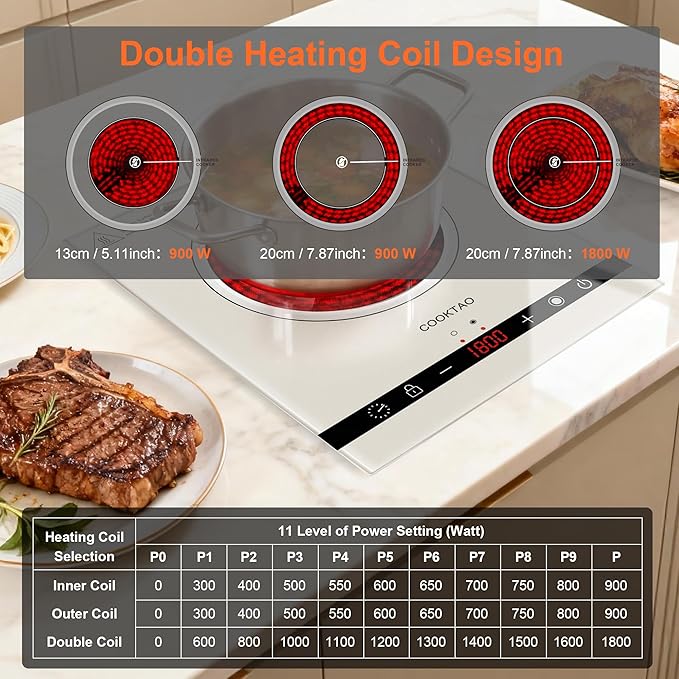 Dual Coils Design of Single Burner Electric Cooktop, 1800W Infrared Ceramic Hot Plate for Cooking, Portable Countertop or Built-in Radiant Stove Top Cooker, Compatible with All Cookware
