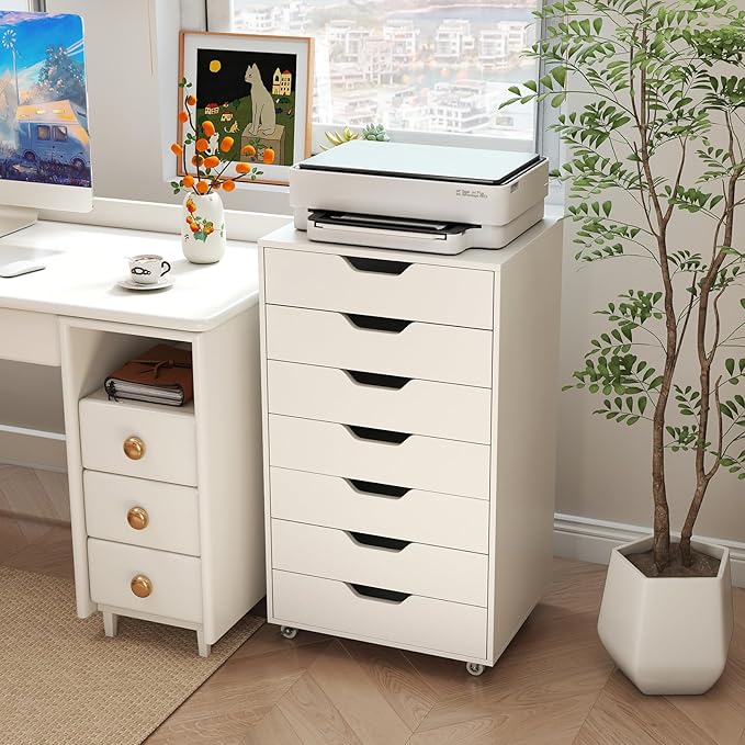 7 Drawer File Cabinet, Mobile Filing Cabinet w/Universal Wheels, Wood Printer Stand with Storage, Rolling File Cabinets for Home Office, Living Room, Bedroom (White, 7 Drawers)