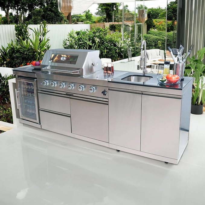 4 Burner Outdoor Kitchen Island with Grill and Side Burner, Deluxe Stainless Steel Modular Outdoor Kitchen, 72000 BTU, Gas Propane BBQ Island with Refrigerator, 2 Doors Sink, Rotisserie, 104"W, Silver