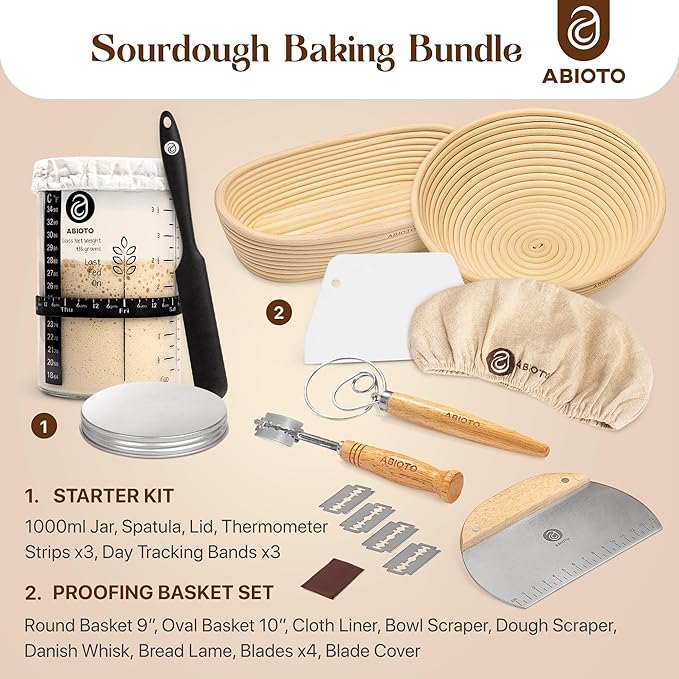 Sourdough Bread Baking Supplies and Starter Kit - Ultimate Bread Making and Sourdough Starter Kit with Proofing Baskets, 34oz Sourdough Jar, Bread Lame, Scrapers & Danish Whisk
