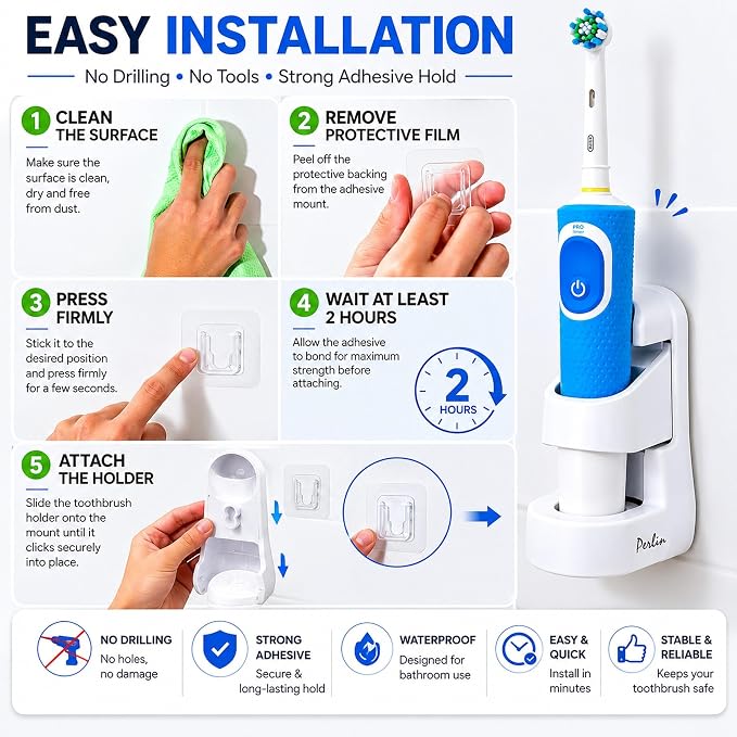 Perlin Electric Toothbrush Holder Wall Mount No Drilling Self Adhesive - Image 7