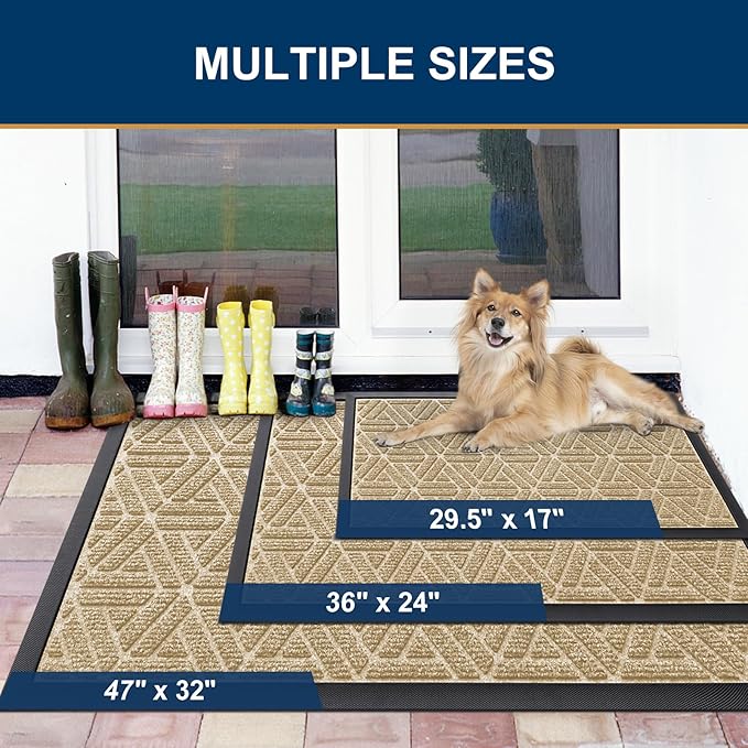 Smiry Front Door Mat Outside Entrance, Heavy Duty Sturdy Natural Rubber Doormat, Trap Dirt and Moisture, Easy Clean Low Profile Mats for Indoor Outdoor Entry, Grid Geometric (35x23, Beige)