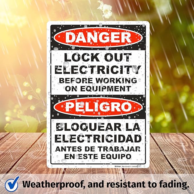 Brimar - 7 x 10" - Bilingual Danger Lock Out Electricity Sign - Lock Out Electricity Before Working On Equipment - 3.5 Mil InfiniStick™ Vinyl Label - Easy Installation - Bilingual Warning