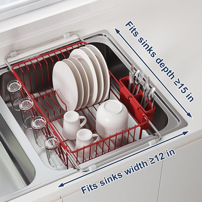 JASIWAY Red Dish Drying Rack in Sink, Dish Drainer - Image 5