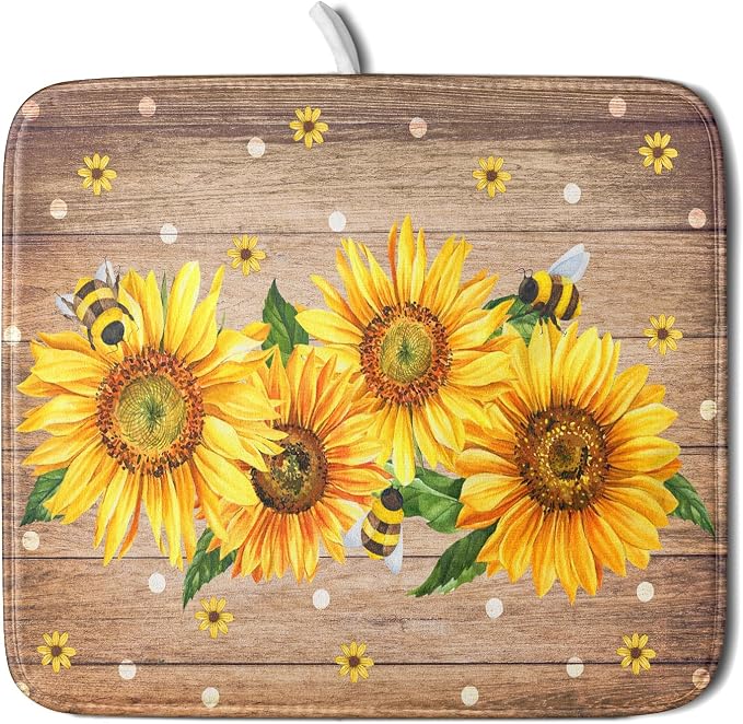Sunflower Bee Dish Drying Mat for Kitchen Counter Home 16x18 Inch Wood Barn by Giwawa