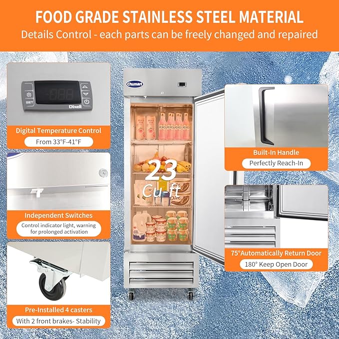 27" W Commercial Refrigerator Single Door 23 Cu.ft Commercial Fridge Fan cooling Stainless Steel Reach-in Refrigerator with Digital Thermostat for Restaurant, Bar, Commercial Use, etc