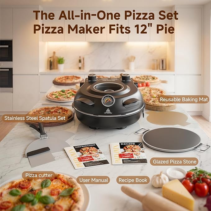 SEMSCHEF 12-Inch CrustyBake Beginner's Glazed Stone Pizza Oven: Quick 800°F Heating, Easy-Clean Design, Recipe Book & All Tools Included - Perfect for First-Time Pizza Makers at Home