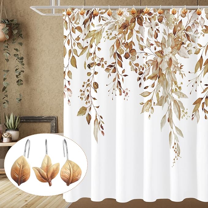 Brown Plant Leaf Shower Curtain Hooks, Eucalyptus Bathroom Decor, Metal - Image 4