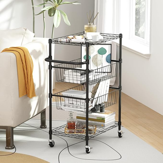 4-Tier Rolling Storage Cart with Adjustable Shelves & Baskets, Metal Utility Cart with 110lbs Capacity, Tool-Free Assembly for Kitchen, Bathroom, Living Room, Office, Black