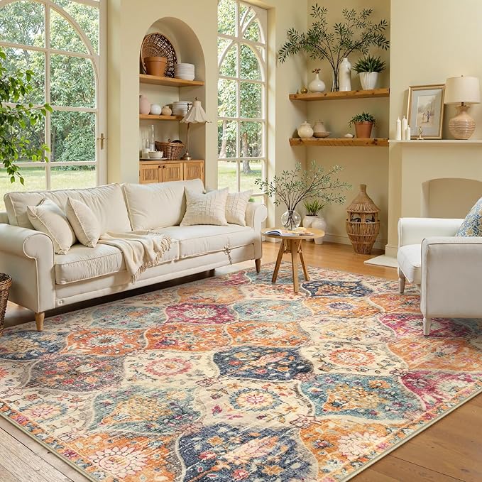 Lahome Moroccan Trellis Washable Area Rugs 5x7, 5x7 Area Rugs for Living Room Bedroom, Indoor Non-Slip Large Oriental Accent Throw Carpet for Kitchen Entryway Bathroom Office, Cream/Multi