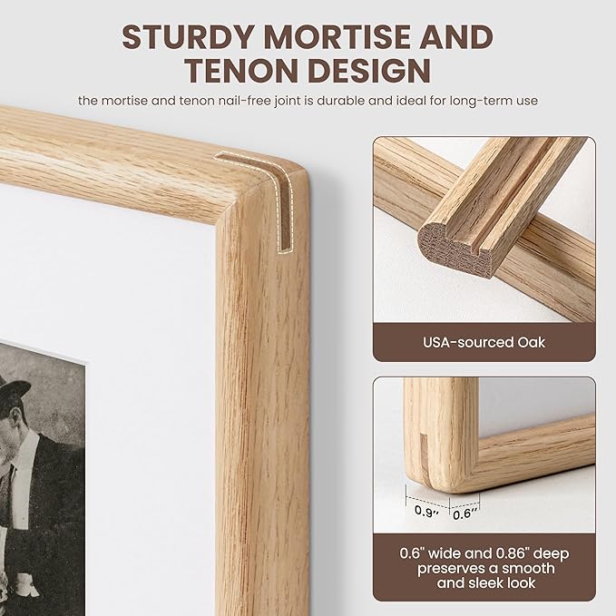 Axeman 16x20 Oak Frame - Rounded Corner 16 x 20 Picture Frame Matted to 11x14 - Natural Oak Wood Photo Frame with Tempered Glass for Wall Mount Display