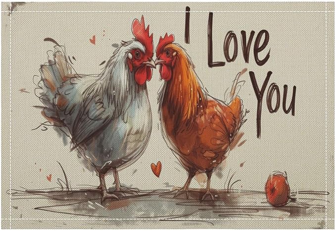 Rural Rooster Placemat Set, Vintage Farmhouse Funny Colorful Hand Drawn Watercolor Line Sketch Chicken Pattern Home Decor Linen Table Mats for Dining Room Kitchen Party (17x12in) x2P