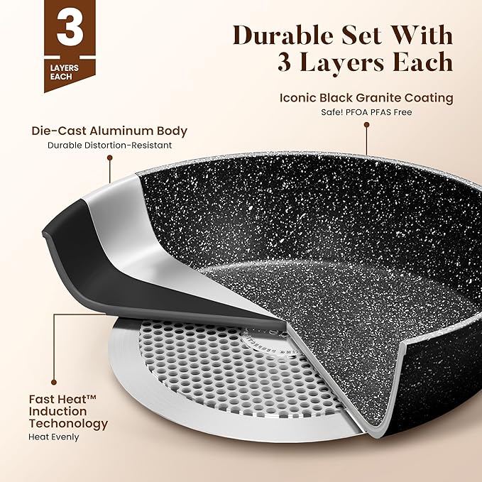 Kitchen Academy 17-Piece Induction Cookware Set, Nonstick Black Granite Pots and Pans
