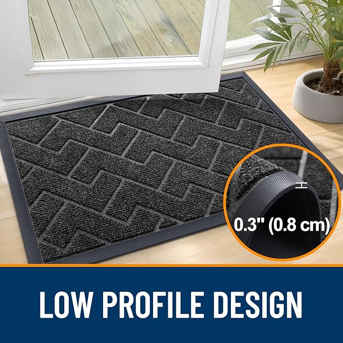 OLANLY Front Door Mat Indoor Outdoor Entrance, Waterproof All-Season, All-Weather Doormat, Sturdy Natural Rubber, Low Profile, Easy Clean Patio Porch Entryway Mat, Herringbone Brick (Black, 71x23)