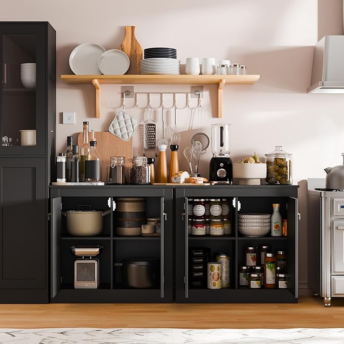 Cozy Castle Buffet Cabinet with Storage - Kitchen Storage Cabinet Wood Console Table Coffee Bar Accent Cabinets for Living Room Dining Room Entryway Black 31.5" W