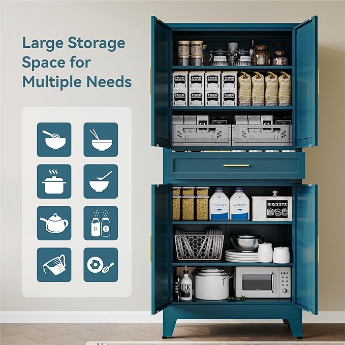 COFaR 71" Pantry Cabinet with Drawer, Peacock Blue Storage Cabinet with Adjustable Shelves, 3-Section Modern Statement Cupboard for Kitchen & Bathroom