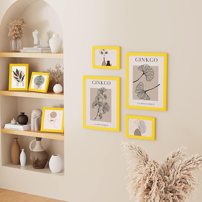 Vittanly 8x10 Picture Frame, Solid Wood Frame with Plexiglass, Includes 5x7 Mat, Wall Hanging or Tabletop for Home Decor, Yellow, 1 Pack