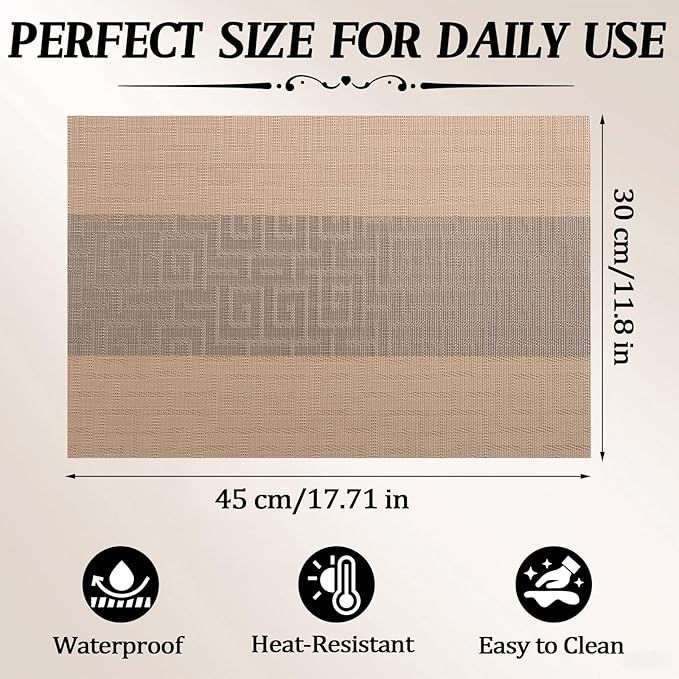 Timeet Placemats Set of 6, Heat Resistant Non-Slip Place Mats for Dining Table, Durable Washable PVC Vinyl Woven Table Mats, Resistant Kitchen Placemats Easy to Clean(Beige & Gray